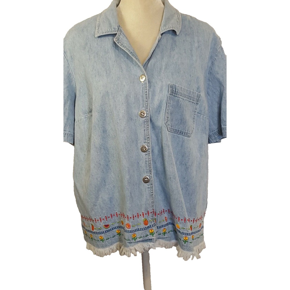 Studio Ease Woman Vintage Shirt 18W Blue Denim Short Sleeve Fringed Embrodery
